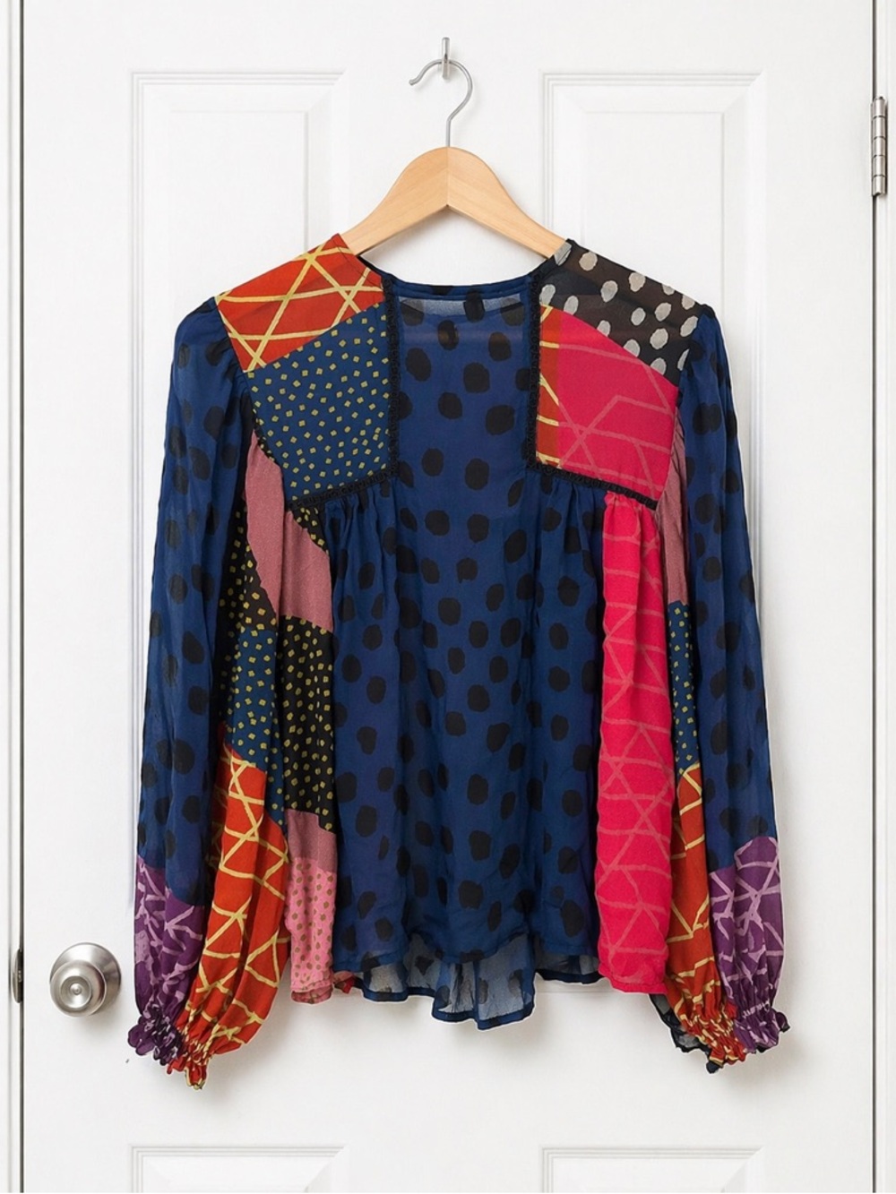 Blank London Anthropologie Patchwork Blouse XXS Multicolor Boho Smocked Cuff